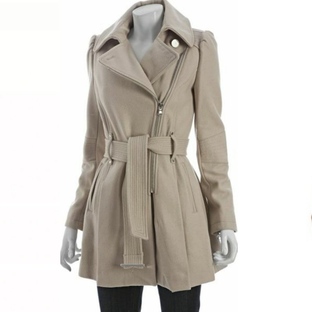 KENNETH COLE NY Wool Jacket Coat, Beige Long Sleeve Full Zip Pockets Belted, 12